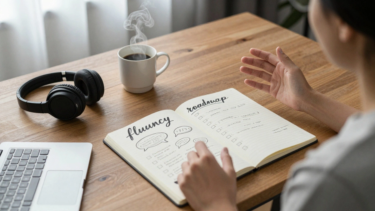 A study desk with headphones and a journal, representing a consistent English learning habit.