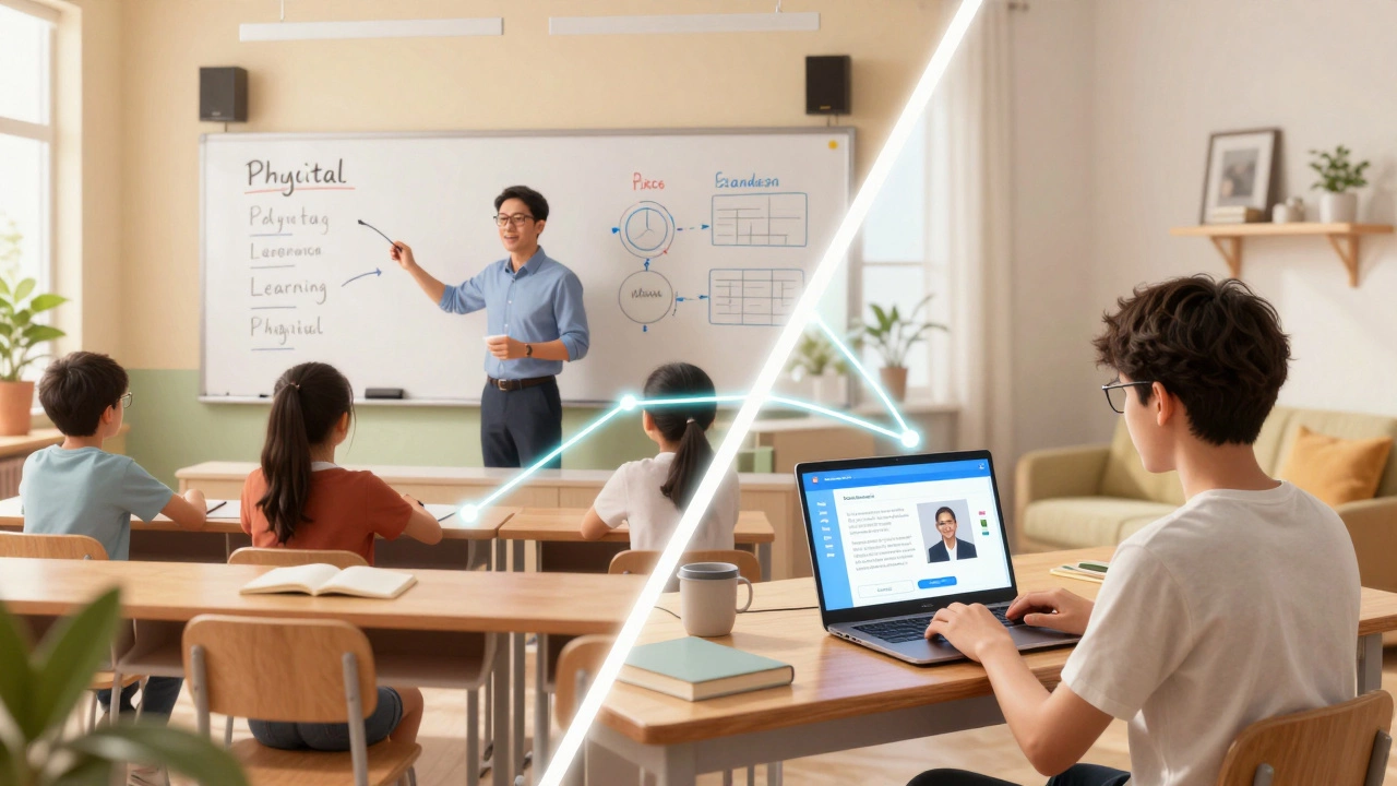 An illustration of a student learning both in a classroom and via a laptop.