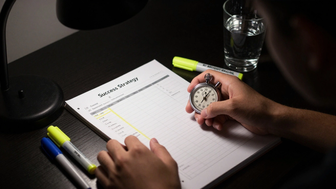 Close-up of a student's hands with a study planner and a stopwatch.