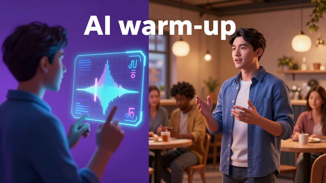 Conceptual art showing a transition from AI pronunciation practice to real-world conversation.