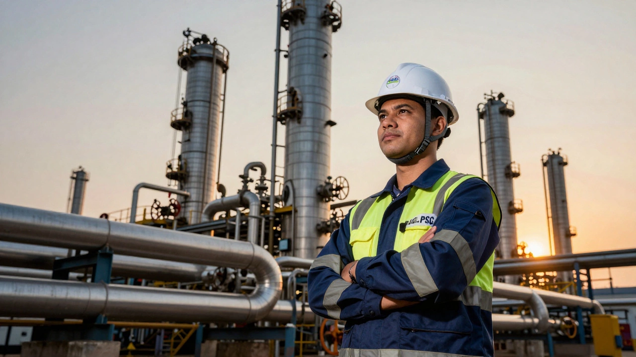 Engineer in safety gear standing before a massive industrial refinery at sunset