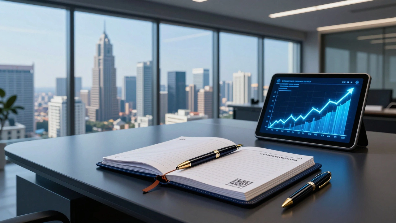 Modern luxury office desk with a view of the Mumbai skyline and financial data