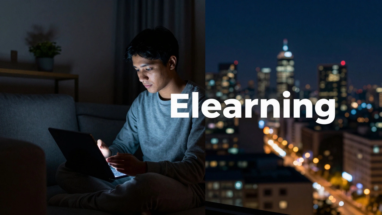 Person studying on a tablet at home at night with a city backdrop