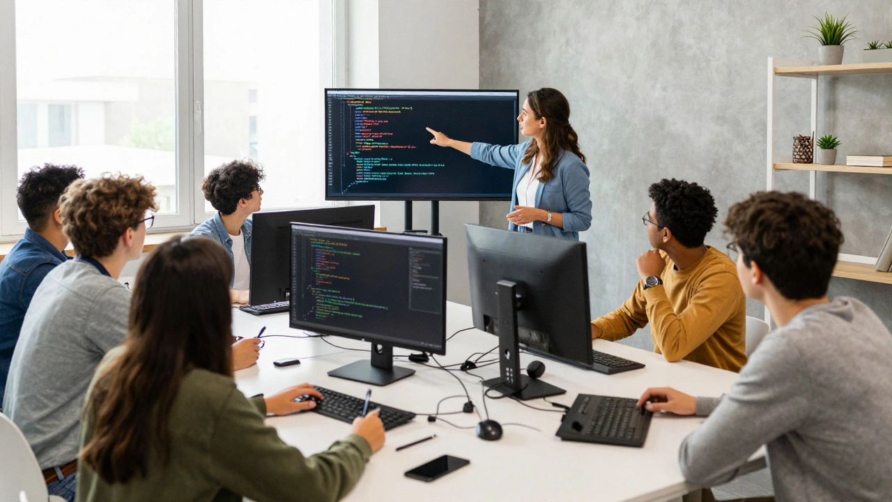 Students collaborating on a coding project in a modern workshop with a coach