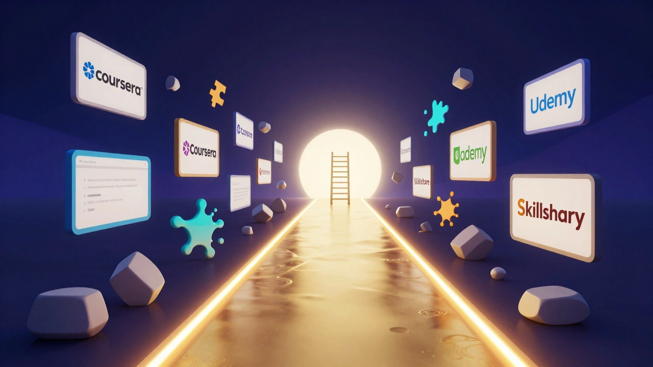 Abstract 3D path winding through symbols of various online learning platforms