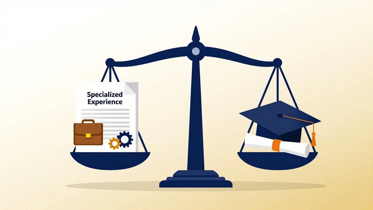 Balance scale comparing specialized experience documents with education diplomas