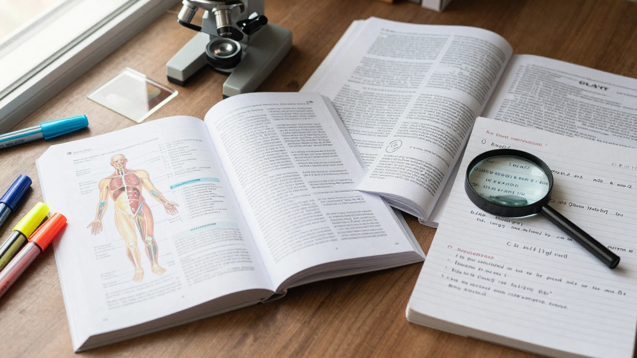 Biology textbooks vs law journals on a study desk