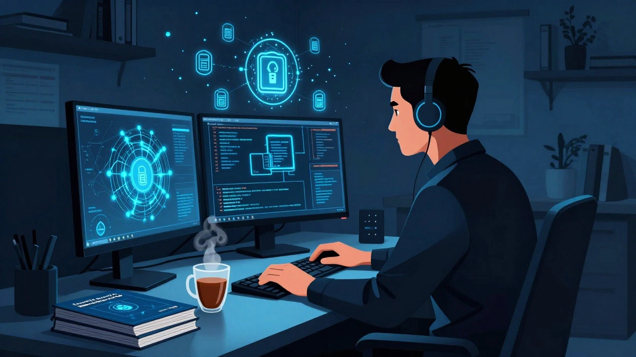 Cybersecurity analyst studying for certification in a home office with glowing monitors.