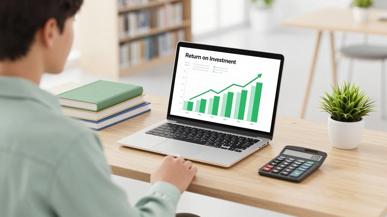 Desk with laptop showing career growth graphs and books