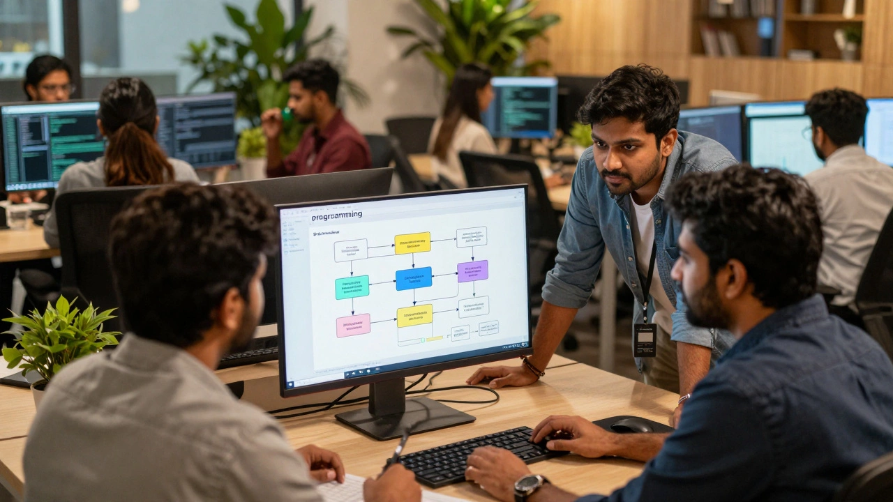 Developers discussing system architecture diagrams in a modern tech office.