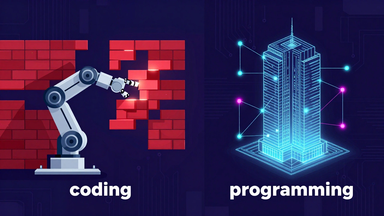 Digital art contrasting brick-laying coding with architectural programming.