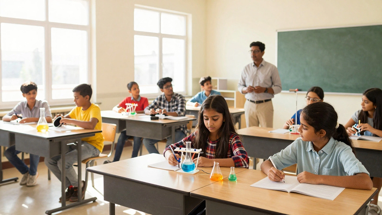 Diverse students collaborating creatively in a modern bright classroom