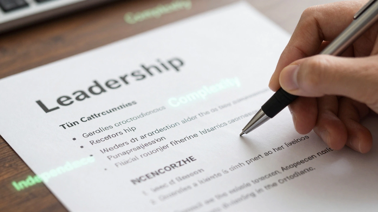 Hand writing detailed resume bullet points with floating career keywords