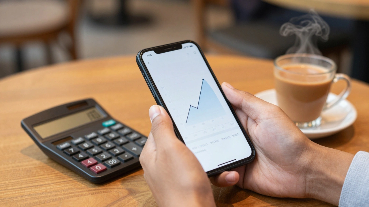 Hands calculating ROI with a phone and calculator next to a cup of chai.