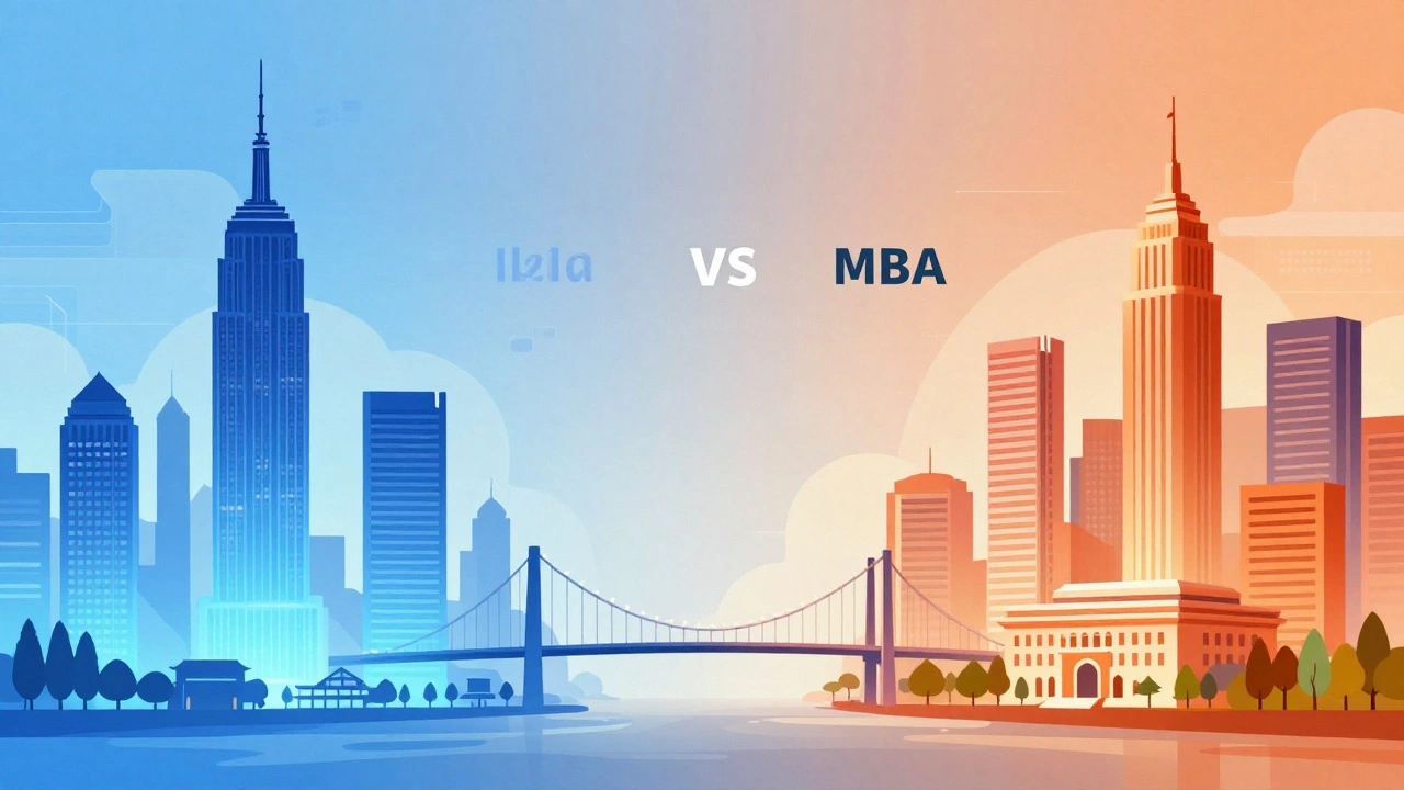 Illustration comparing Western and Indian business districts connected by light.