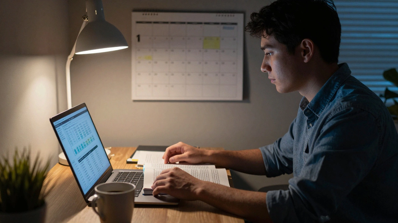 Professional studying late at night balancing work and MBA coursework
