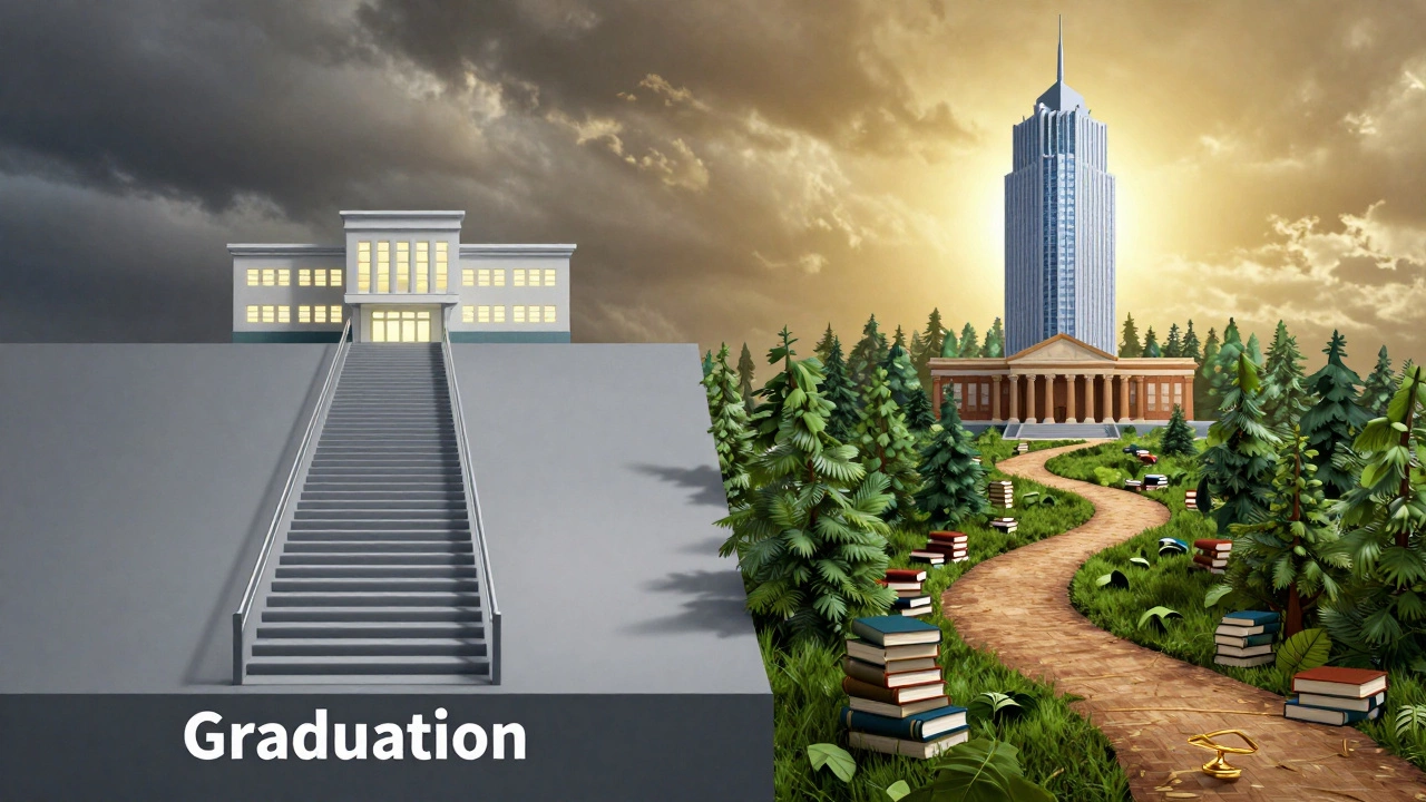 Staircase to hospital vs winding path to courthouse