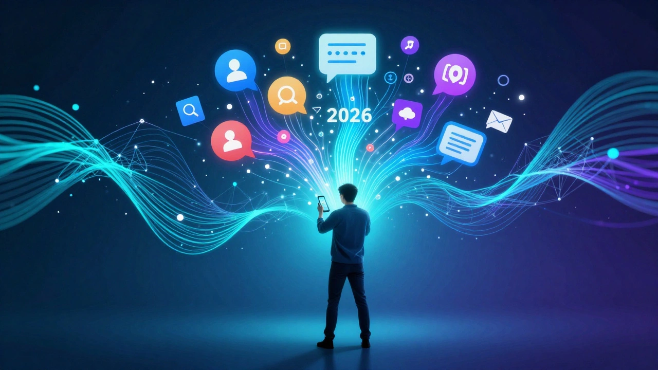 Abstract illustration of digital marketing concepts with glowing smartphone and data streams