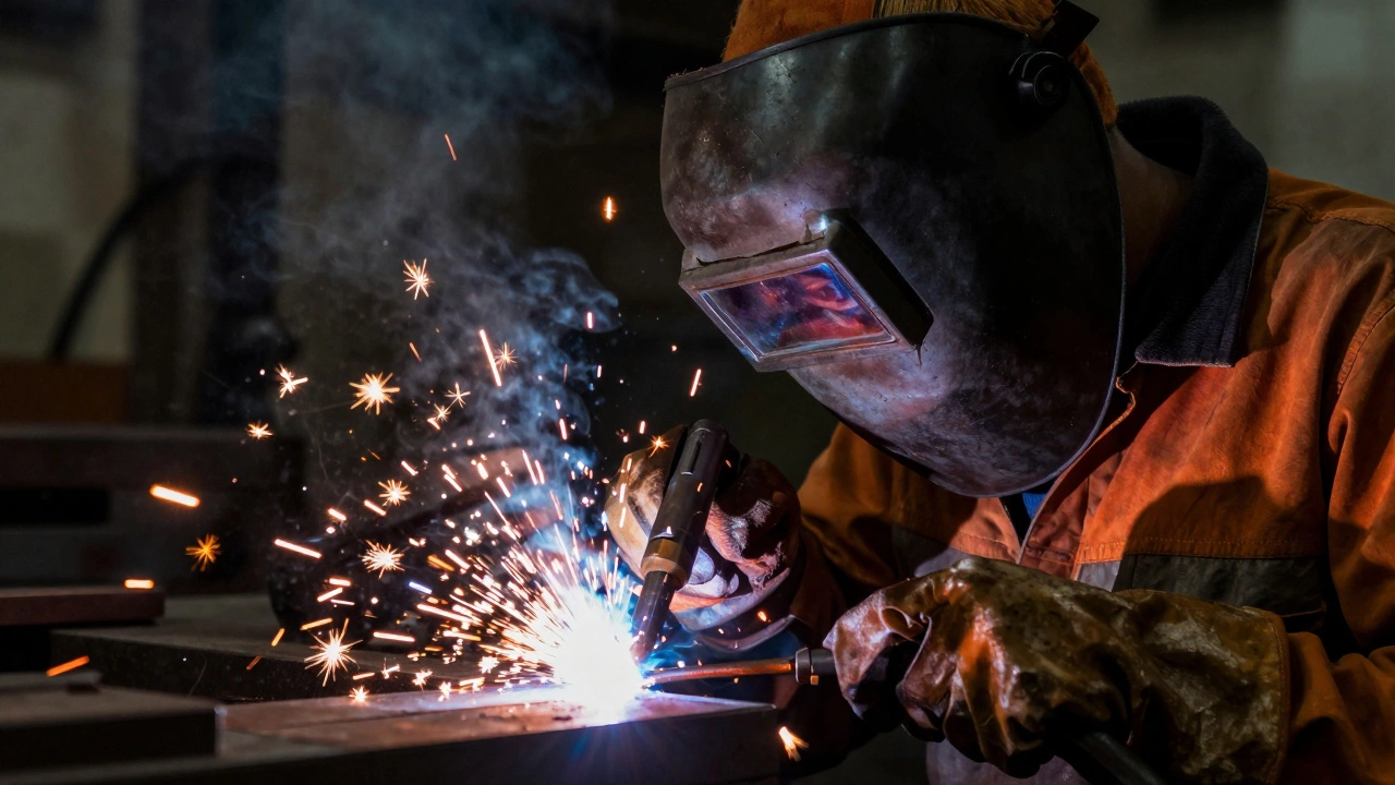 Close-up of a welder creating bright sparks in an industrial workshop setting