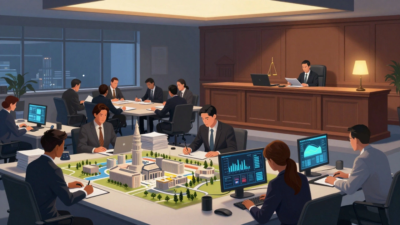 Comparison of busy executive offices, intense legislative meetings, and quiet judicial chambers