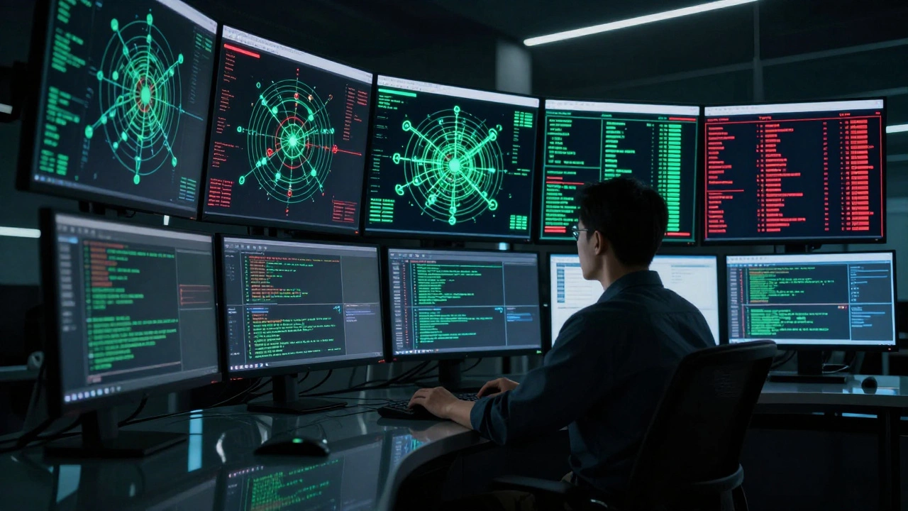 Cybersecurity analyst monitoring network maps in a dark, high-tech control room