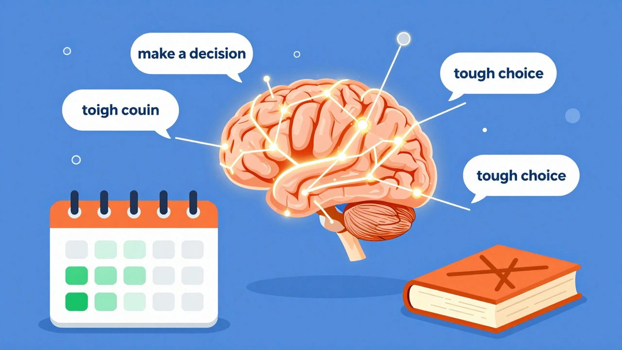 Illustration of brain learning English collocations through daily habits