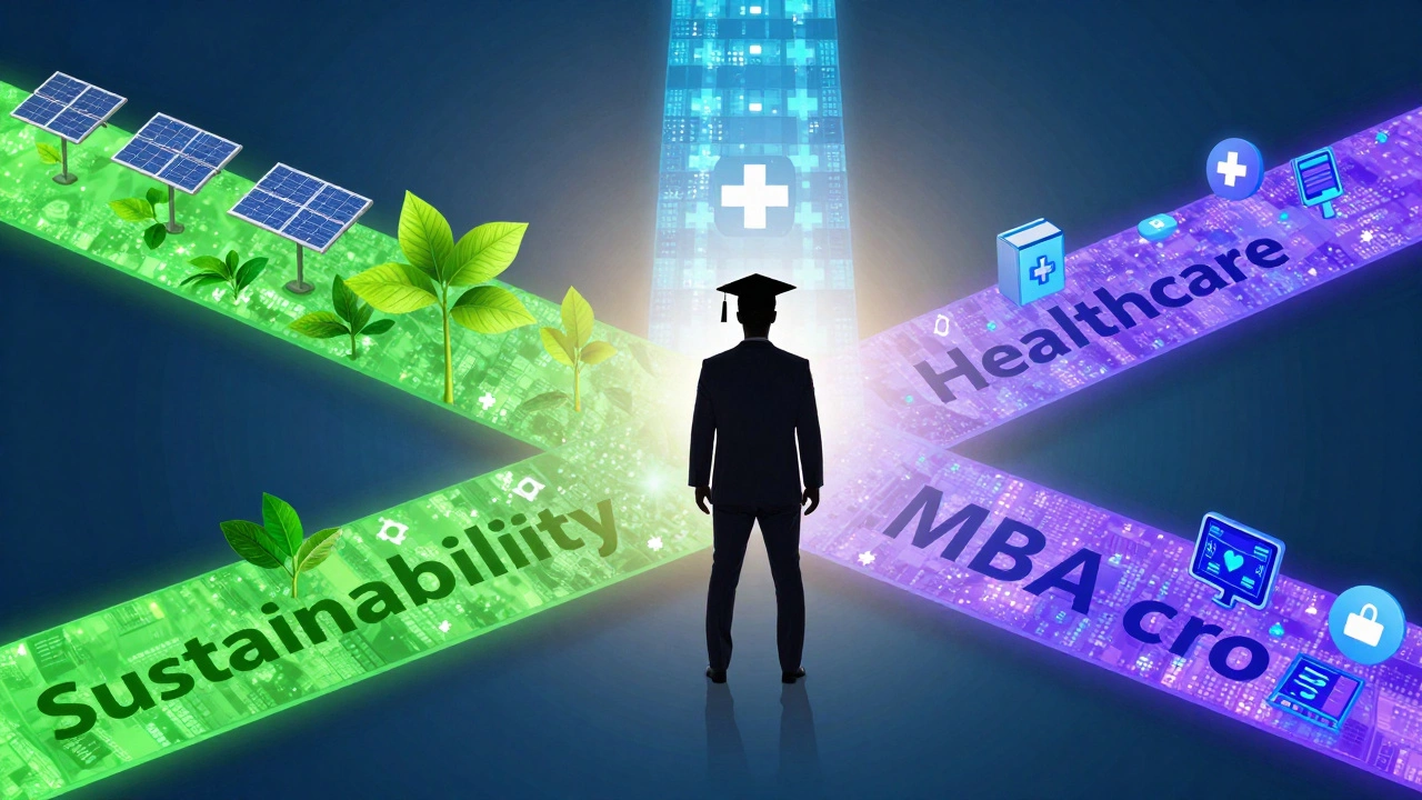 MBA graduate choosing between sustainability, healthcare, and marketing paths