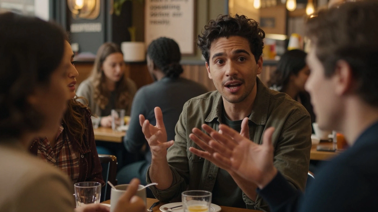 Non-native speaker confidently conversing in a busy international cafe