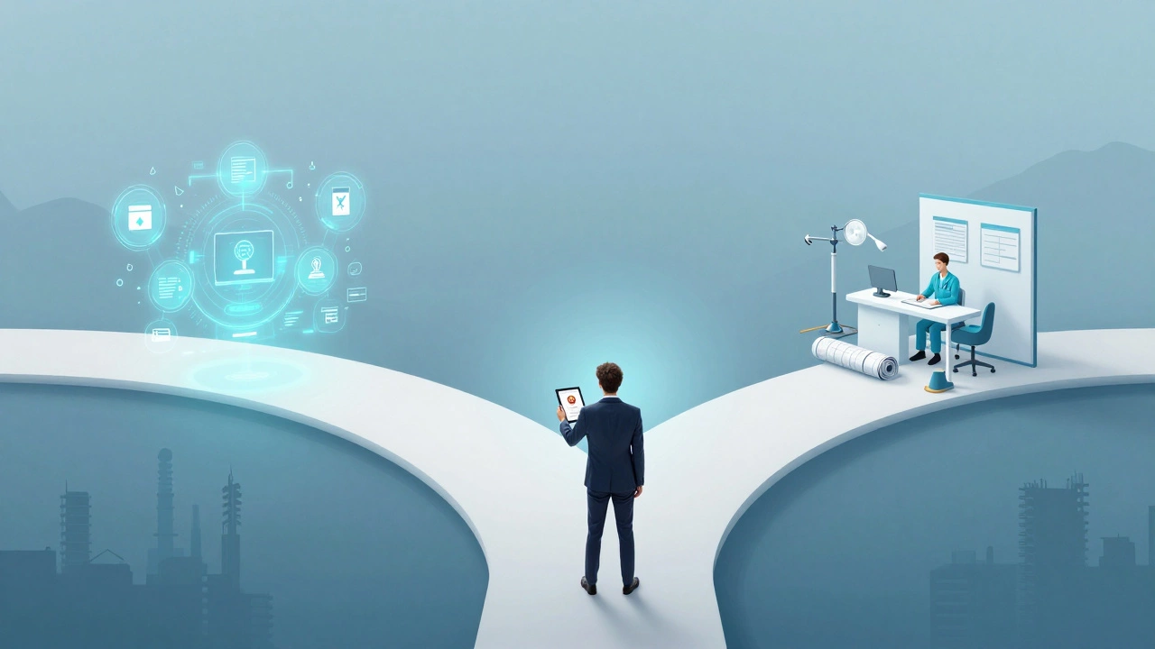 Person at a crossroads choosing between digital, trade, and healthcare career paths