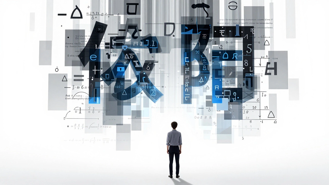 Student facing abstract mathematical proofs in a surreal conceptual art style