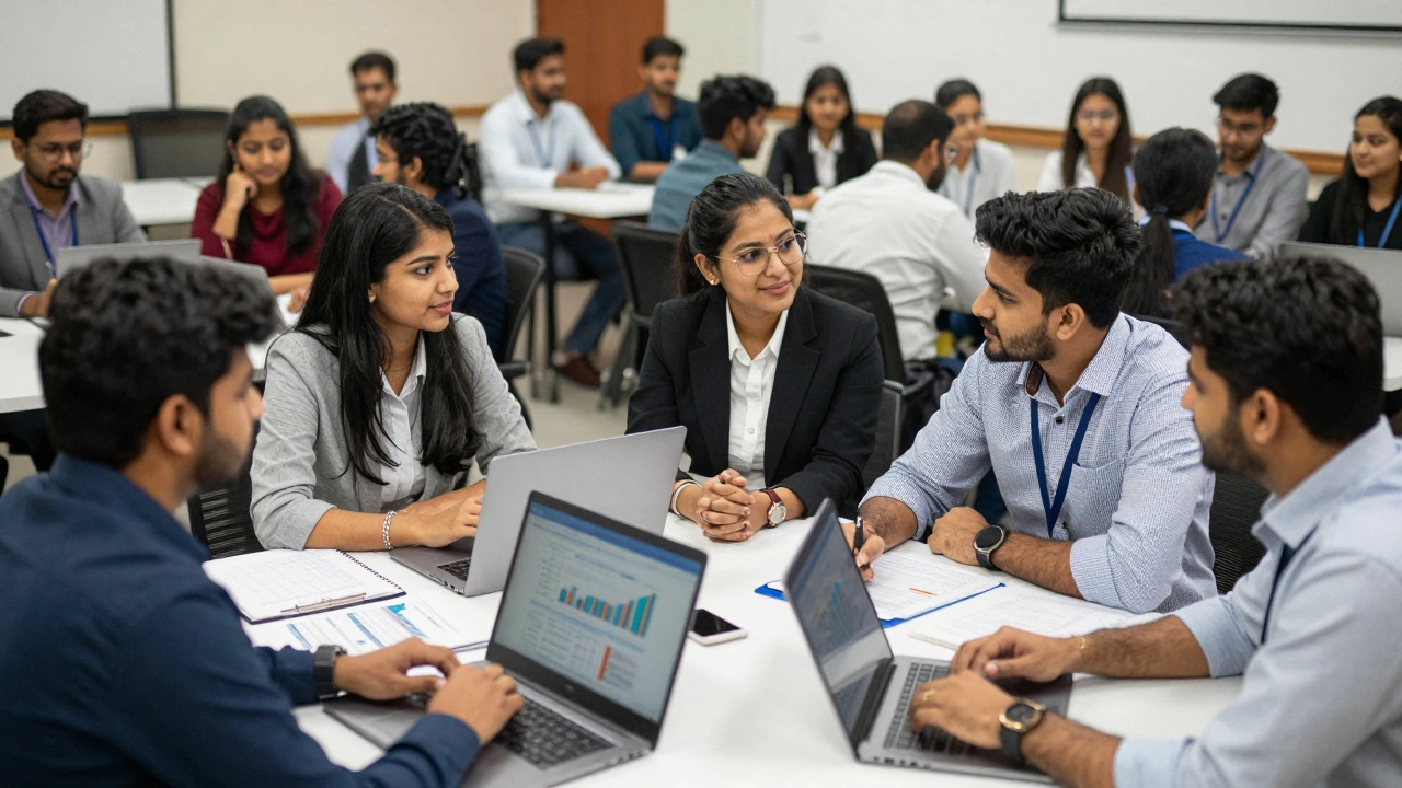 Students collaborating in a busy Indian business school classroom