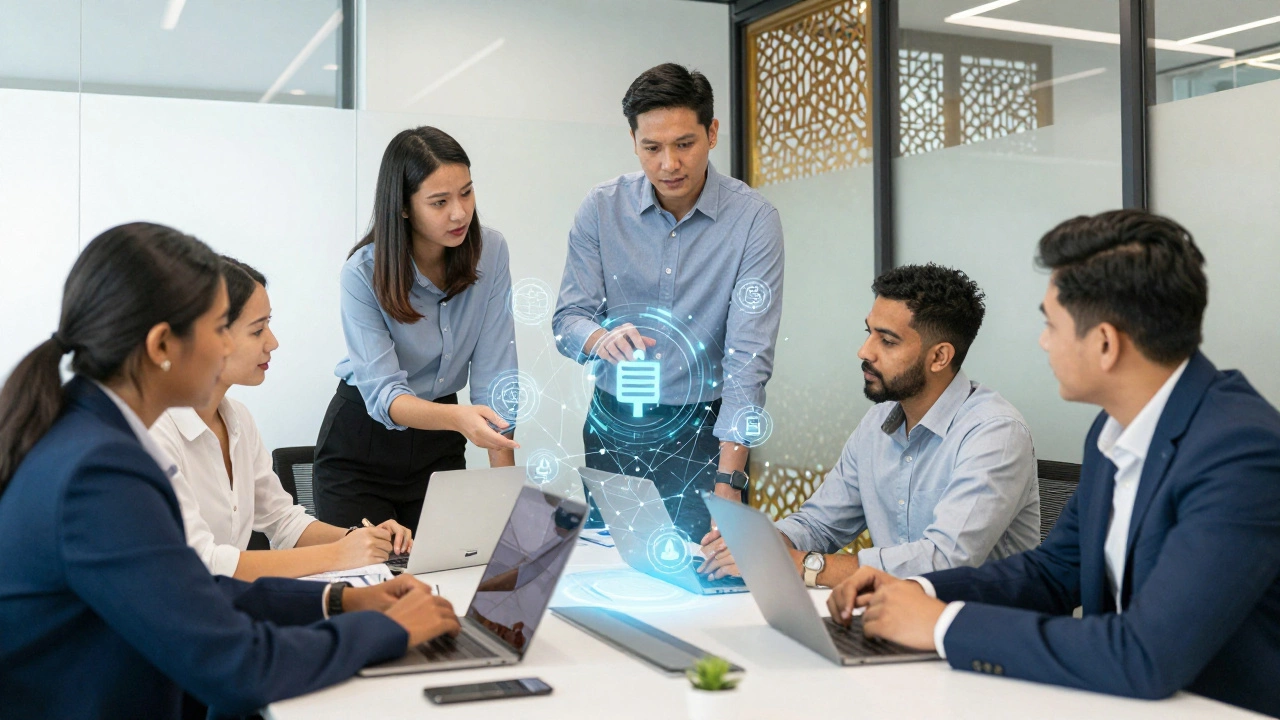 Team collaborating on FinTech strategy with holographic blockchain visuals
