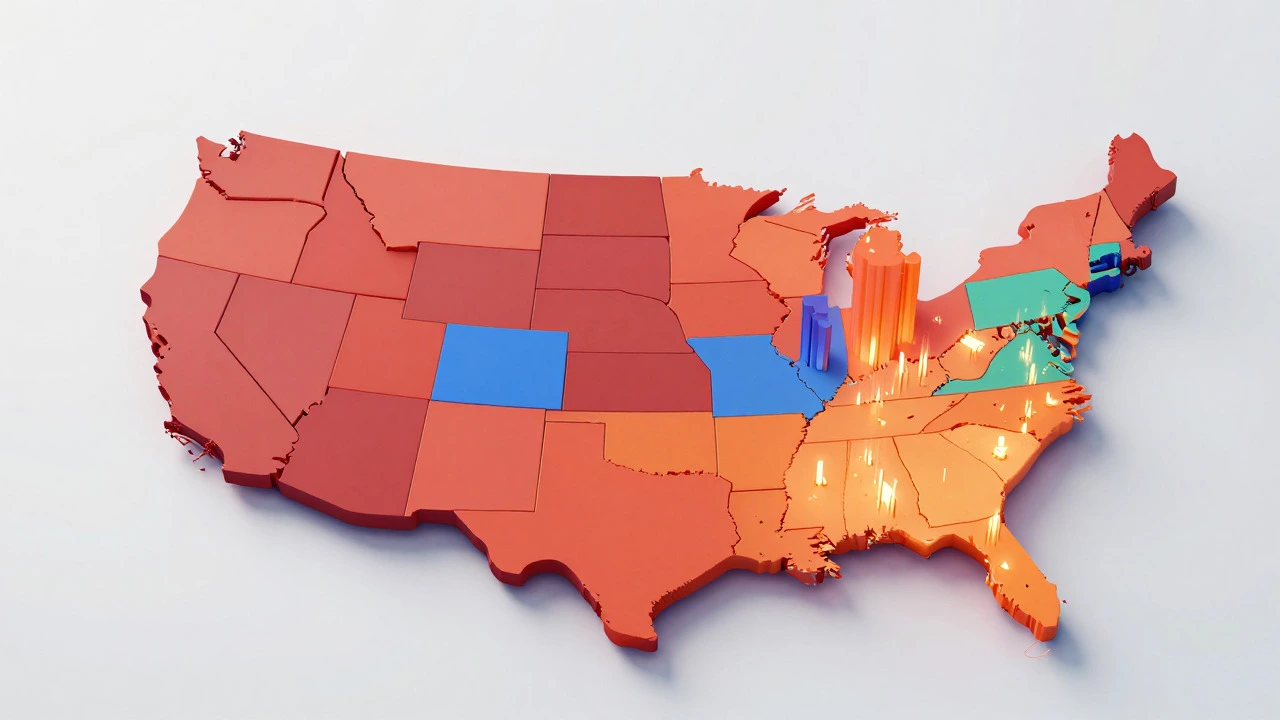 Abstract 3D map showing varying score levels by state
