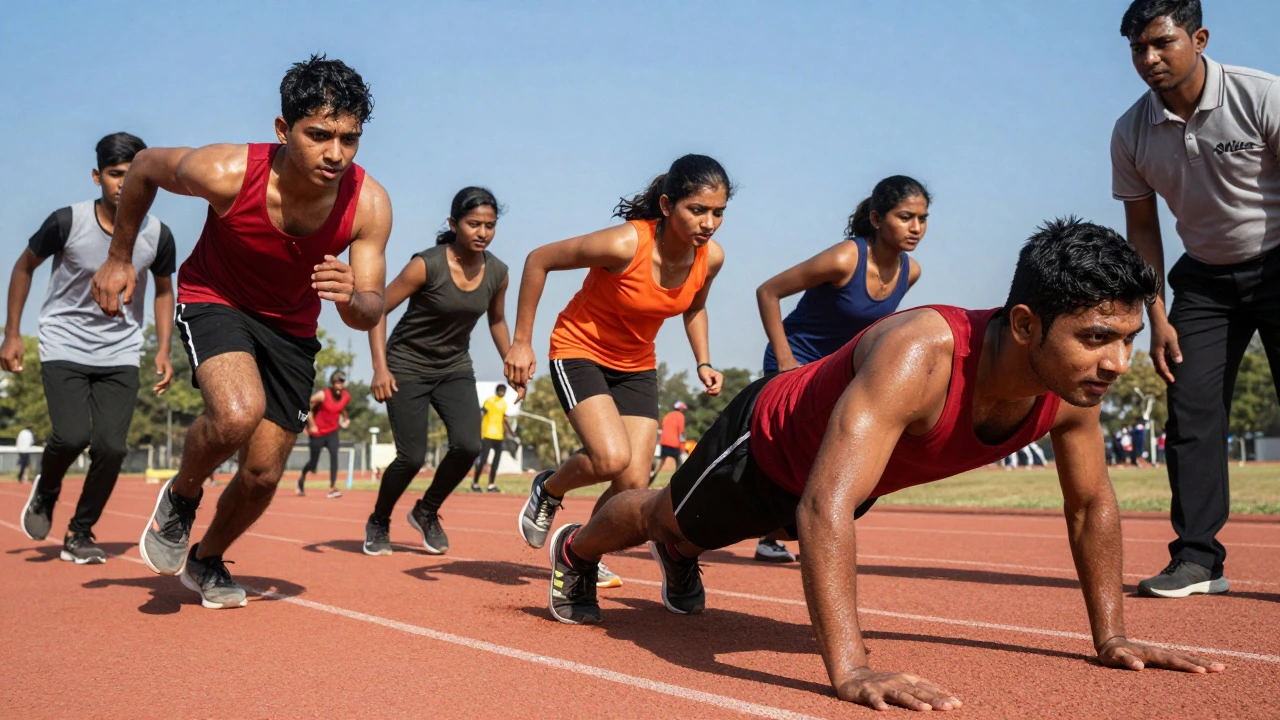 Candidates running during a physical fitness test for army recruitment