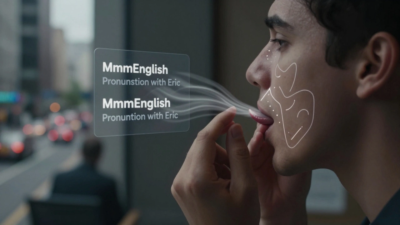 Close-up of learner practicing pronunciation with visual guides