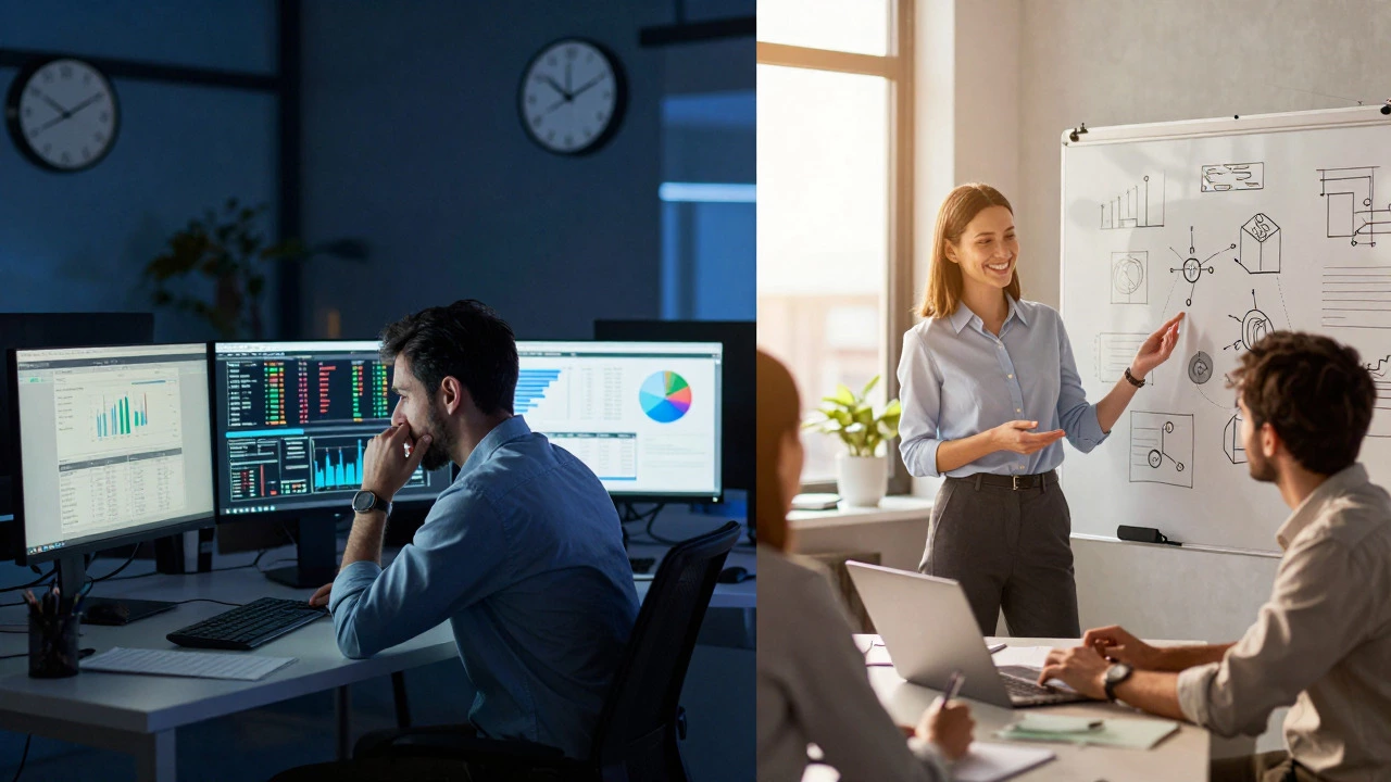 Contrast between stressful finance work and balanced tech product management roles.