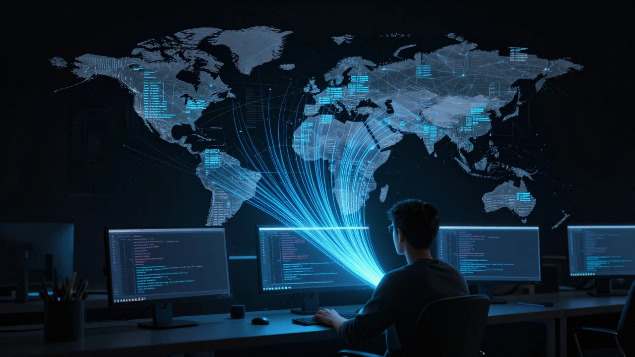 Developer working alone while code scales globally via glowing data streams