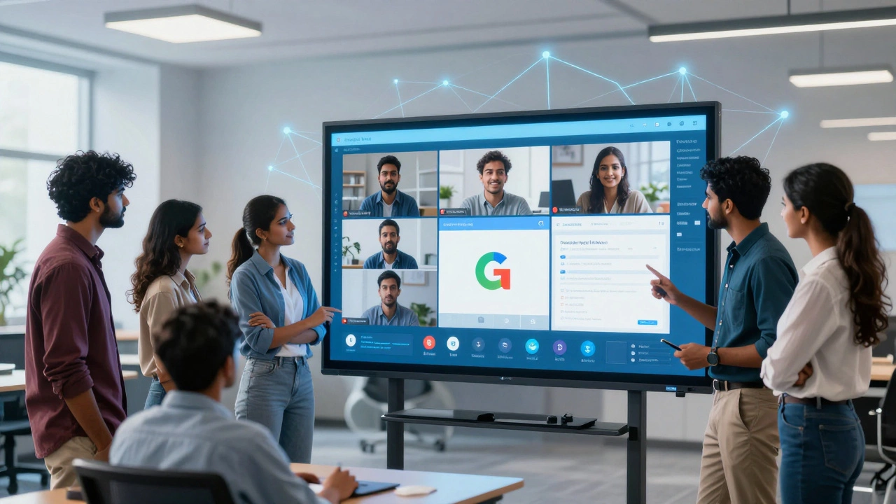 Diverse students collaborating via video call on a smart board