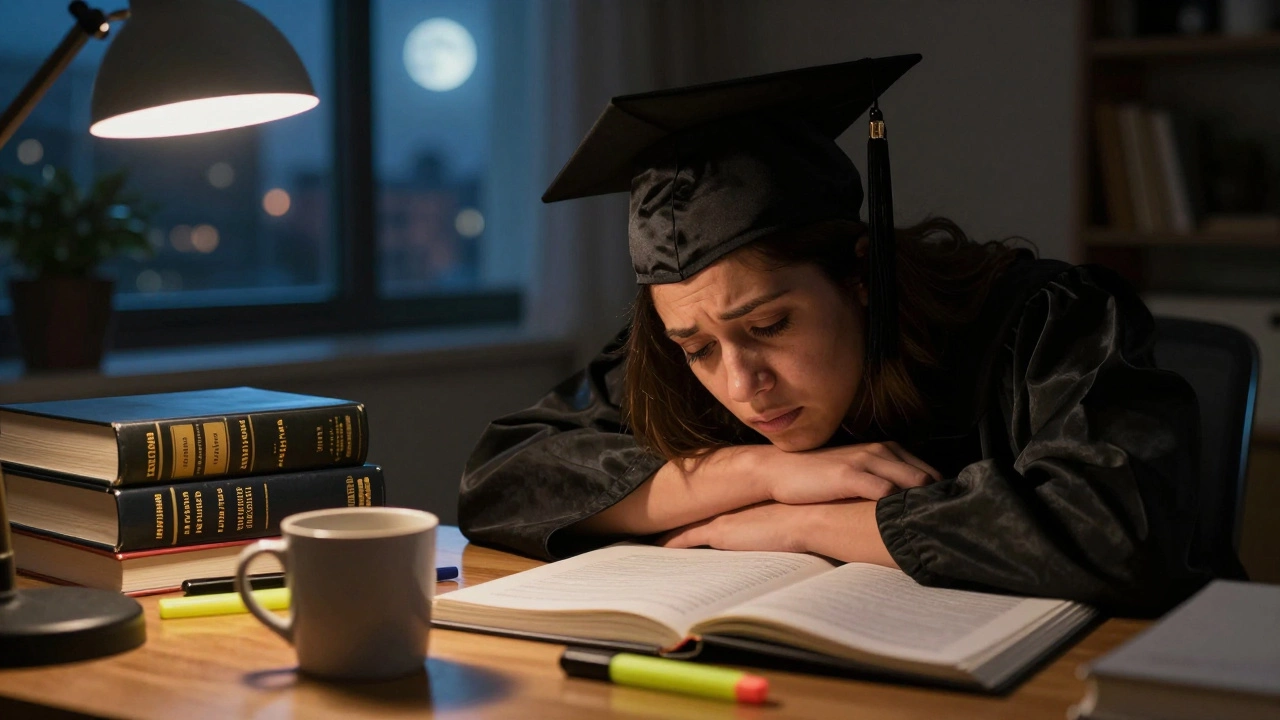 Exhausted law student studying late for bar exam