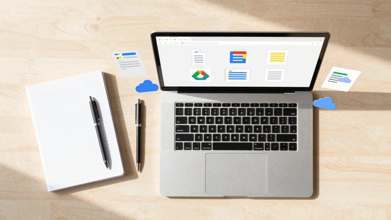Flat lay of laptop showing cloud apps and study materials on a desk