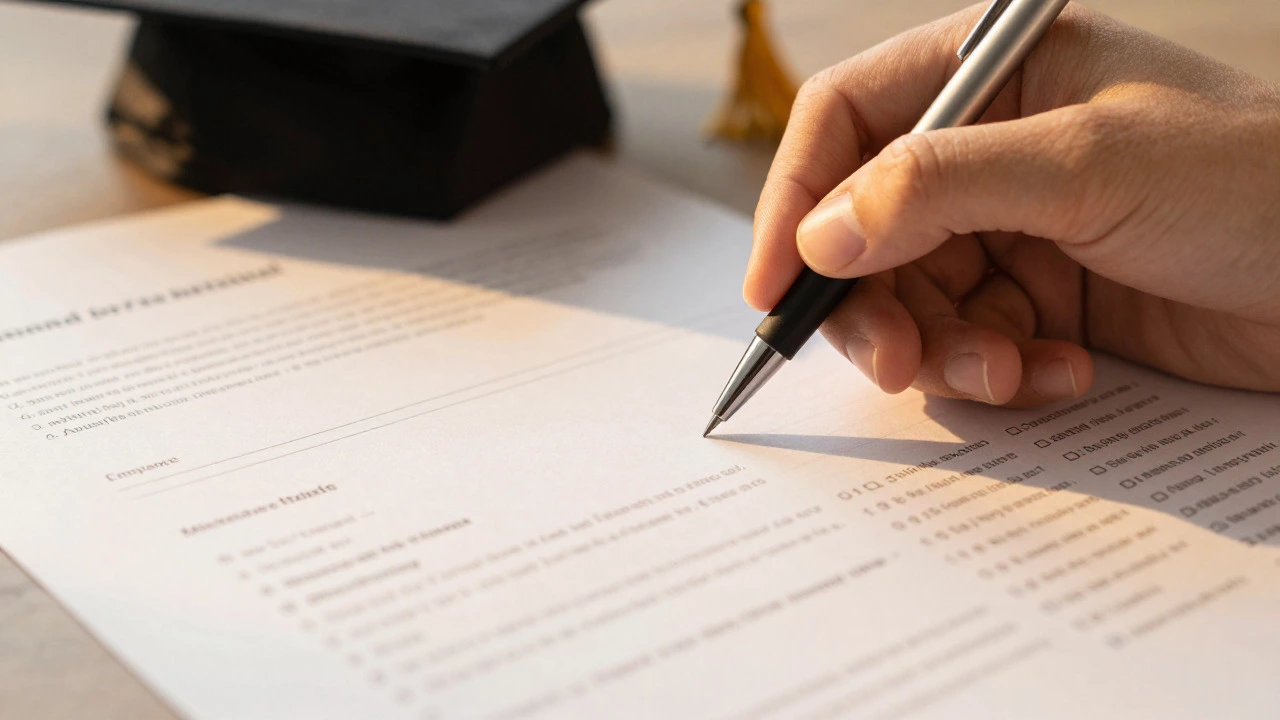 Hand writing essay with graduation cap in background