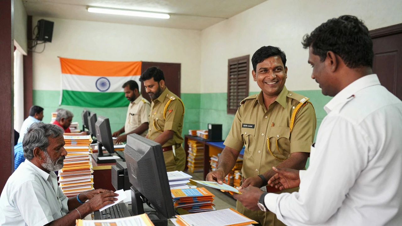 Postal worker delivering mail to a villager in rural India