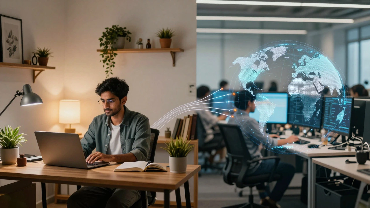 Remote worker in India connected digitally to a US tech office