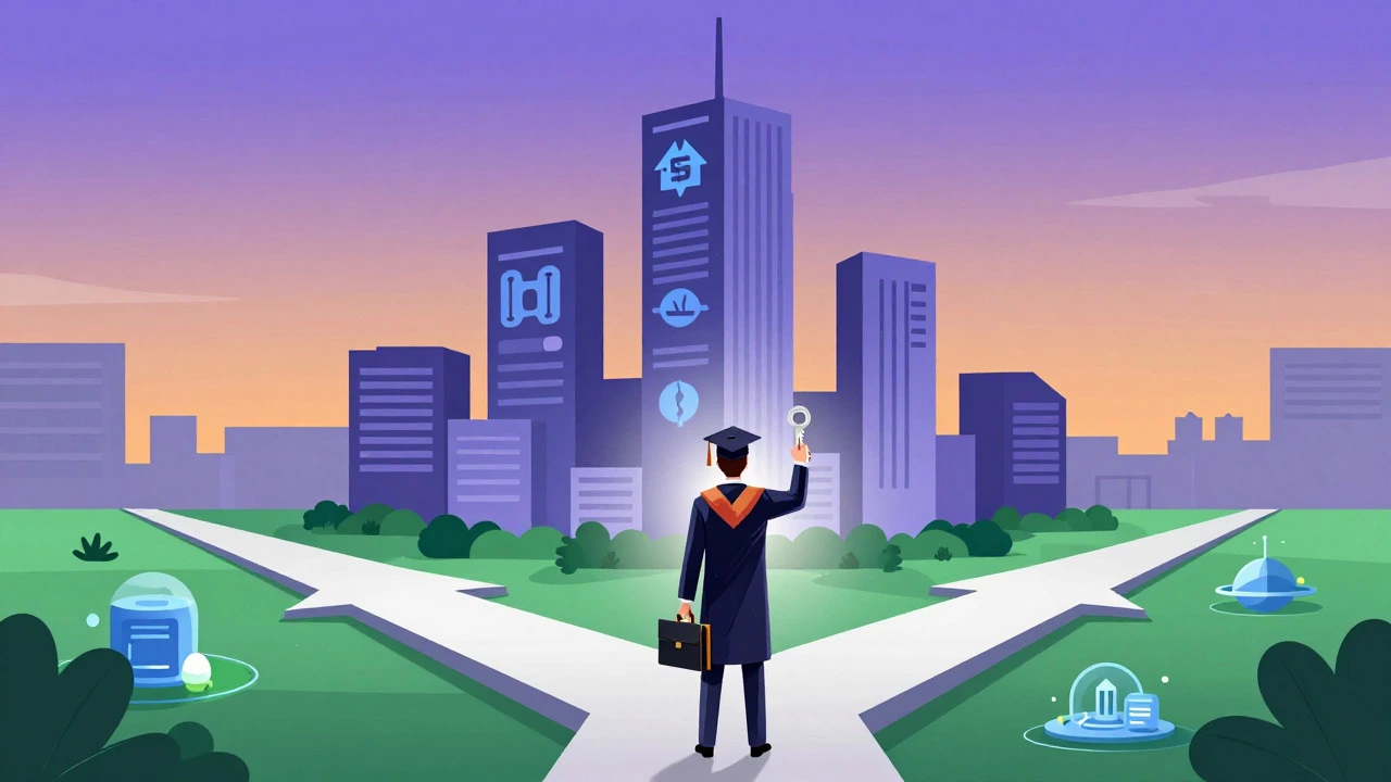 Symbolic illustration of an MBA graduate choosing between high-pay career paths.