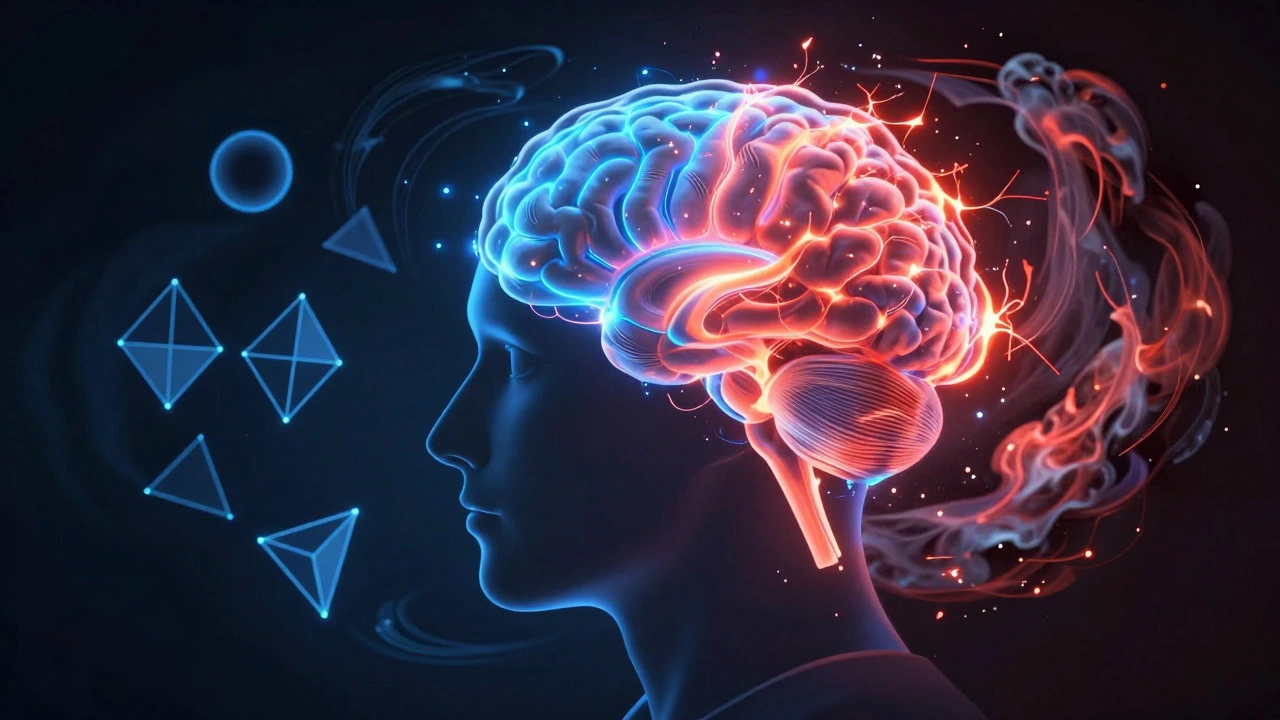 Abstract illustration of brain activity showing calm logic versus stressful fear responses
