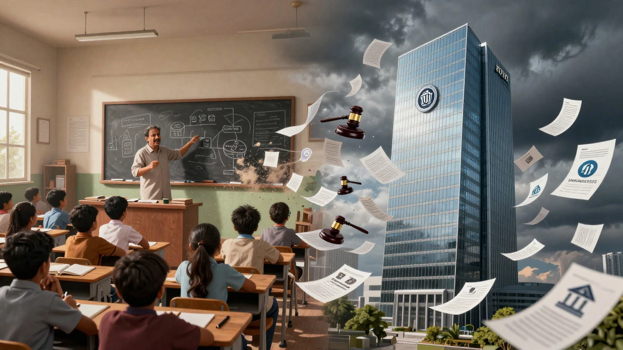 Conceptual art showing transition from traditional classroom teaching to modern corporate office towers.