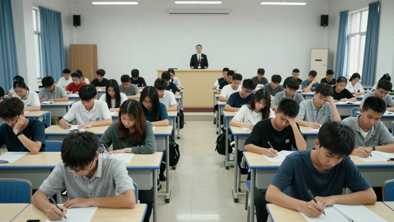 Crowded examination hall with many students