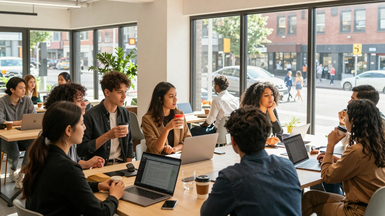 Diverse professionals networking in a bright, modern co-working space