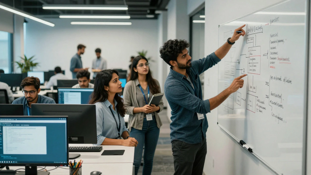 Freshers collaborating in a modern Indian tech office