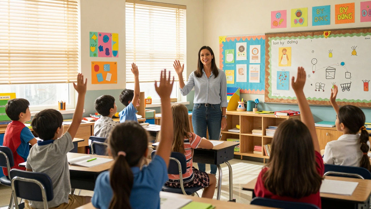 New teacher engaging with students in bright classroom